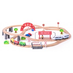 Set 2 Trenulete cu Locomotiva Electrica pe Baterii –  Set Pod, Viaduct, Trecere la nivel, Gara,  circuit din lemn cu 60 piese sine si accesorii 